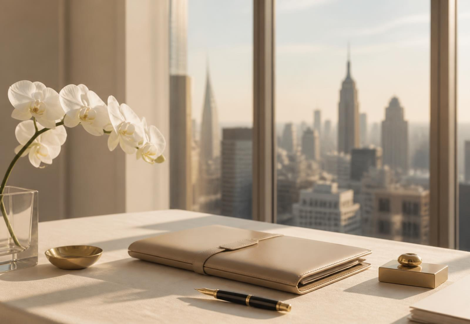 Morning light across a Manhattan desk with orchids and a leather folio